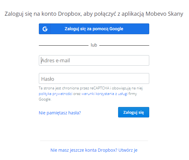 Dropbox - Autoryzacja żądania dostępu do interfejsu API - Zaloguj się